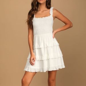 Lulus Super Sweet White Smocked Ruffled Tie-Back Mini Dress - Size M